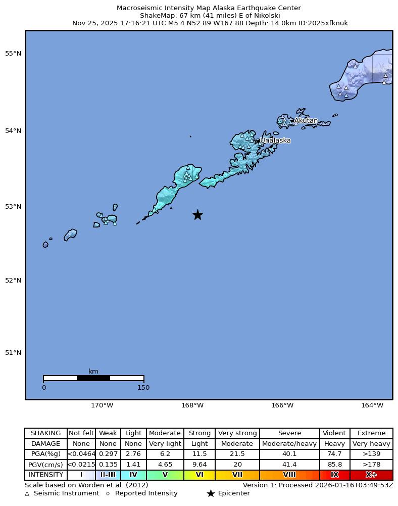 USGS ShakeMap intensity contours for the M5.0 earthquake near 54 km ENE of Nikolski, Alaska