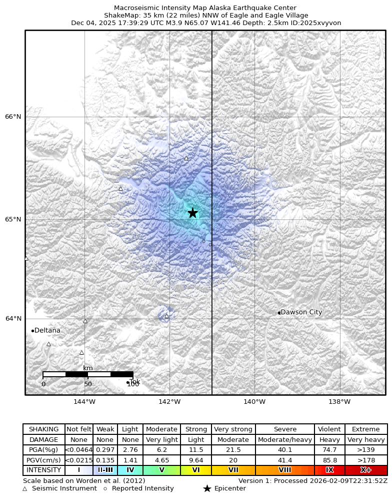 USGS ShakeMap intensity contours for the M3.9 earthquake near 33 km NNW of Eagle, Alaska