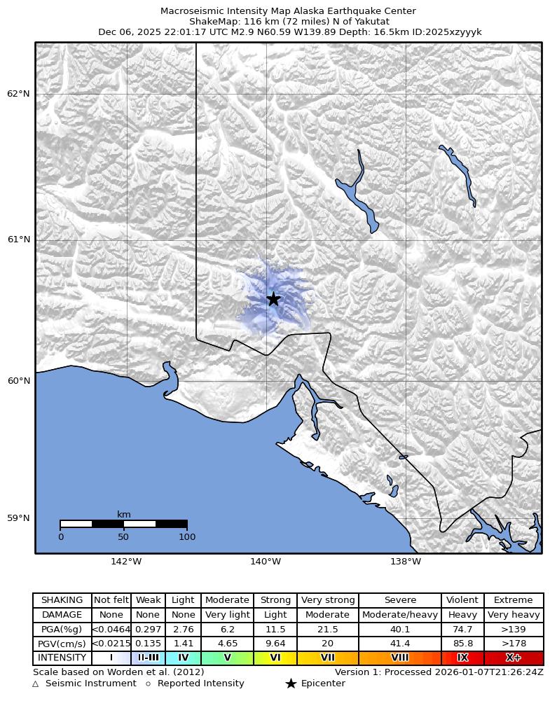 USGS ShakeMap: estimated shaking intensity around the epicenter