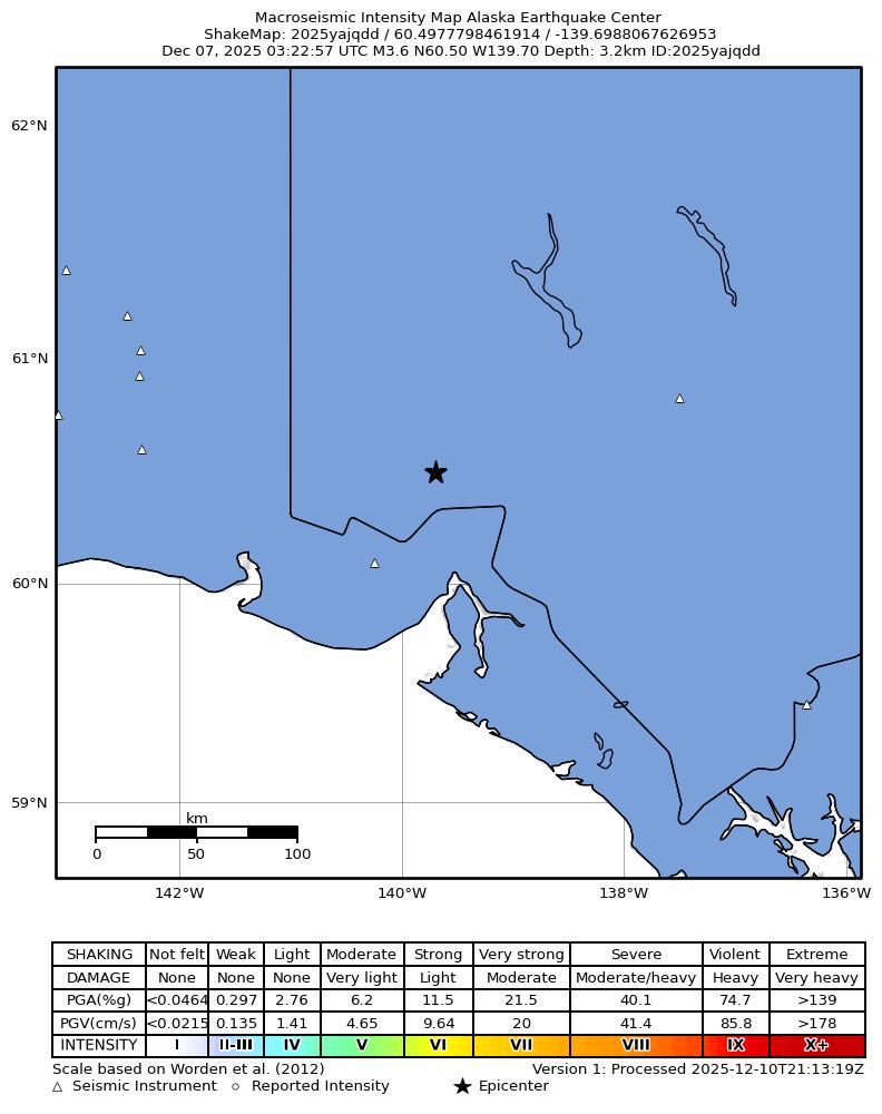 USGS ShakeMap: estimated shaking intensity around the epicenter