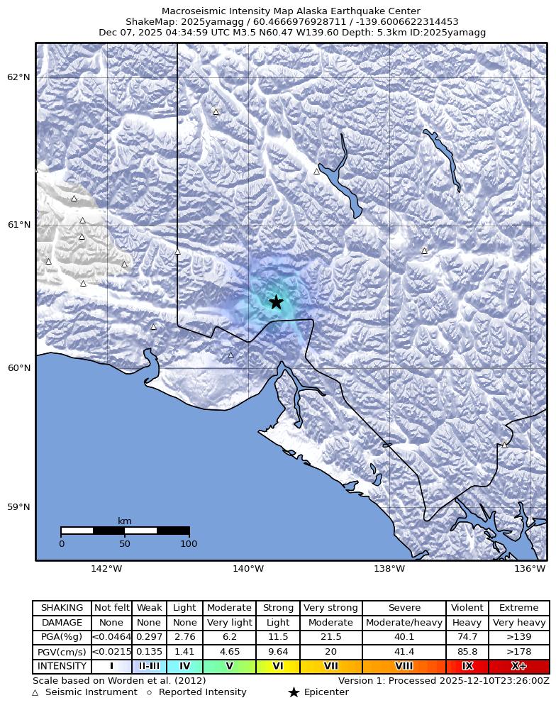 USGS ShakeMap: estimated shaking intensity around the epicenter
