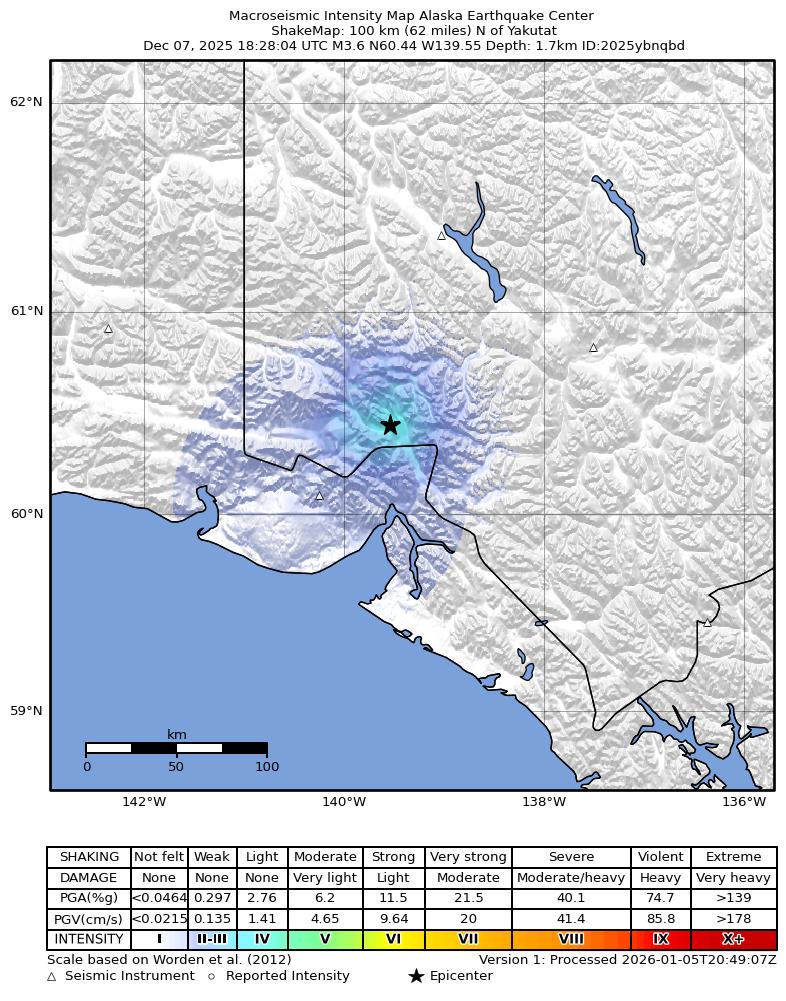 USGS ShakeMap: estimated shaking intensity around the epicenter
