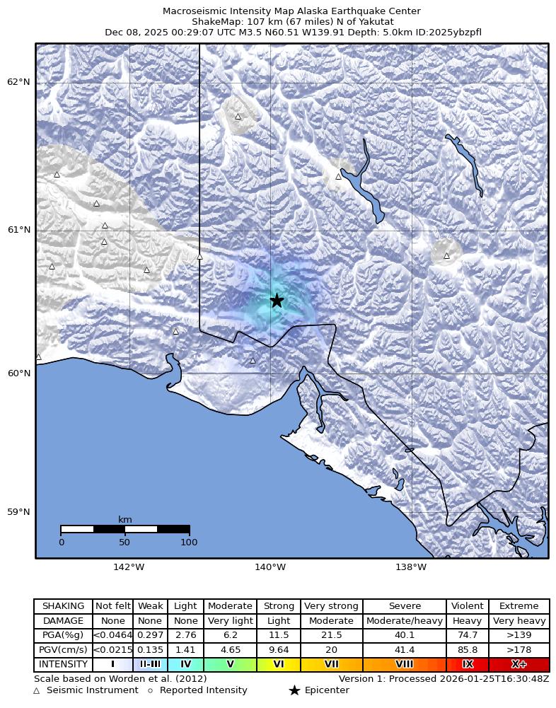 USGS ShakeMap: estimated shaking intensity around the epicenter