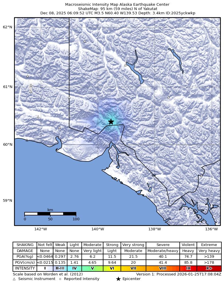 USGS ShakeMap: estimated shaking intensity around the epicenter