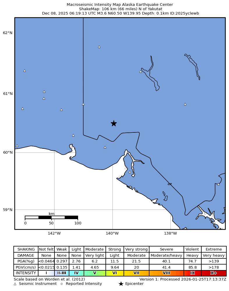 USGS ShakeMap: estimated shaking intensity around the epicenter