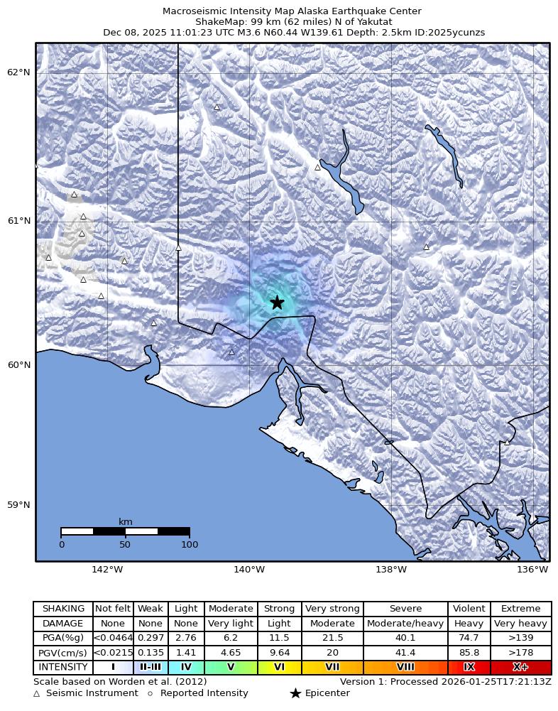 USGS ShakeMap: estimated shaking intensity around the epicenter