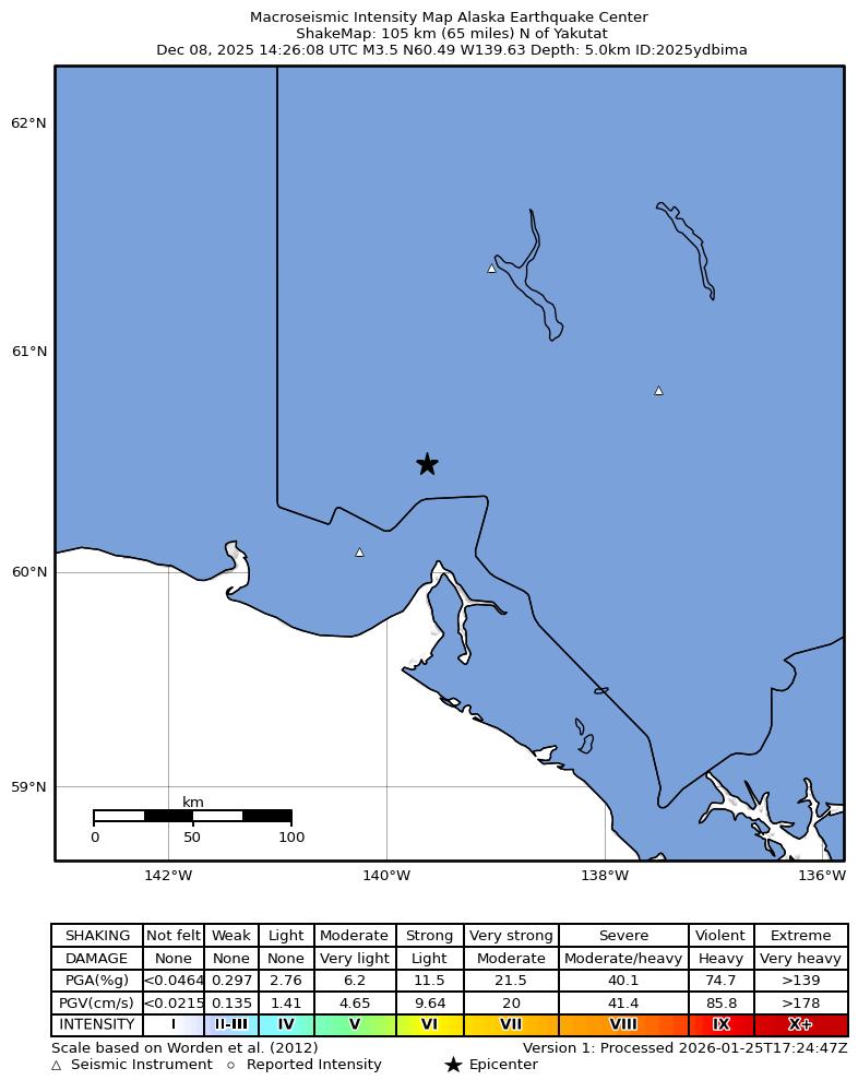 USGS ShakeMap: estimated shaking intensity around the epicenter