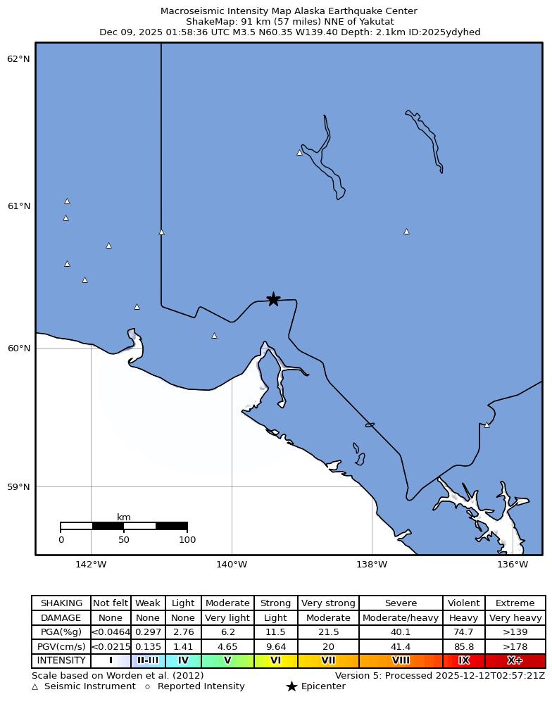 USGS ShakeMap: estimated shaking intensity around the epicenter