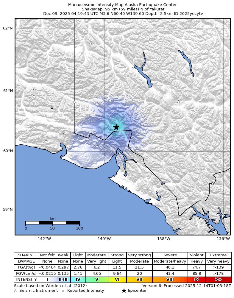 USGS ShakeMap: estimated shaking intensity around the epicenter