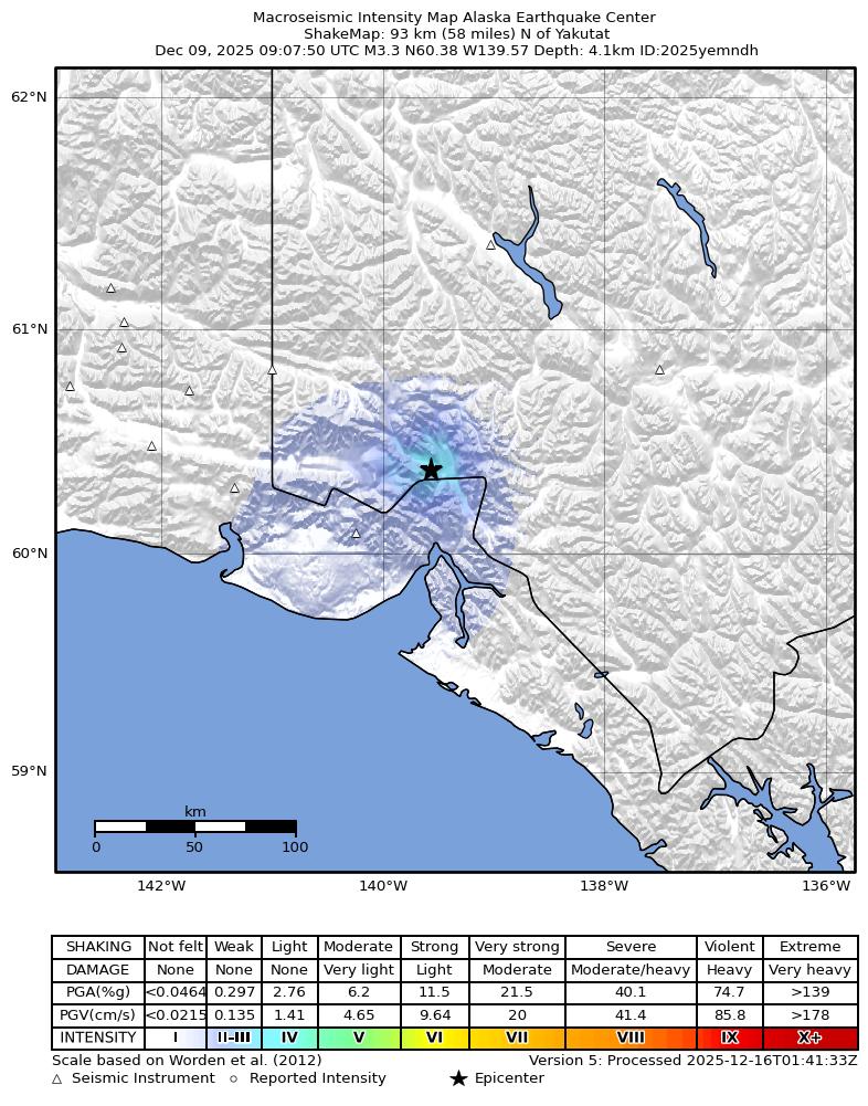 USGS ShakeMap: estimated shaking intensity around the epicenter