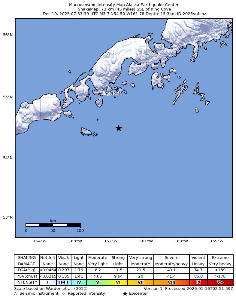 USGS ShakeMap: estimated shaking intensity around the epicenter