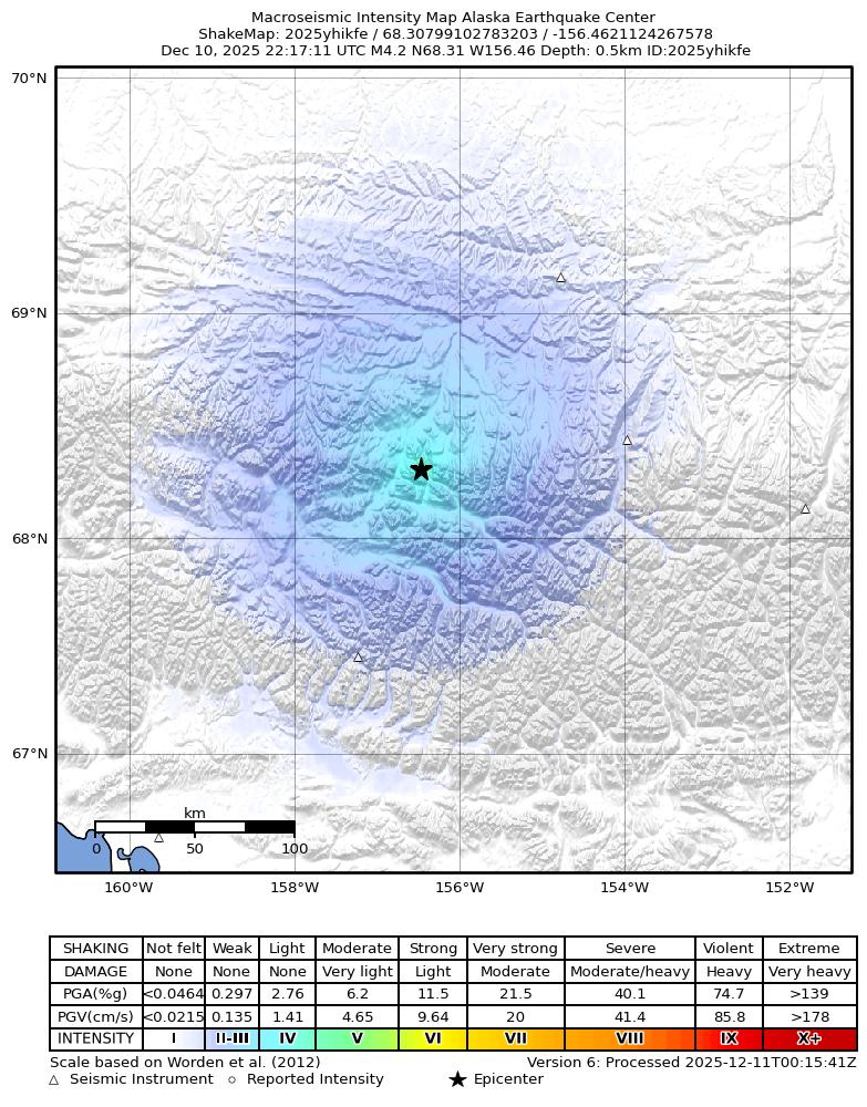 USGS ShakeMap intensity contours for the M4.2 earthquake near 148 km NNE of Ambler, Alaska