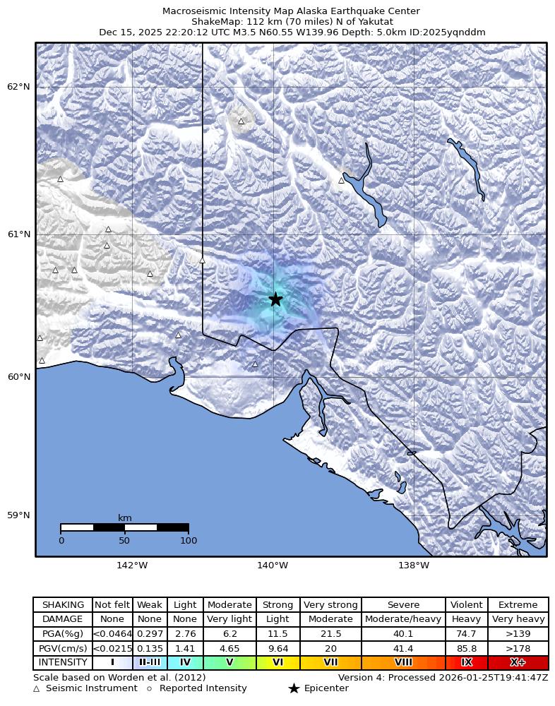 USGS ShakeMap intensity contours for the M3.3 earthquake near 113 km N of Yakutat, Alaska