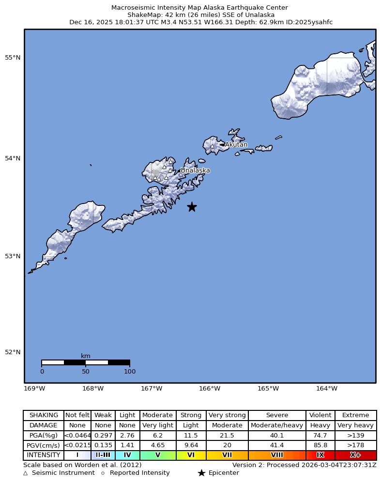 USGS ShakeMap: estimated shaking intensity around the epicenter