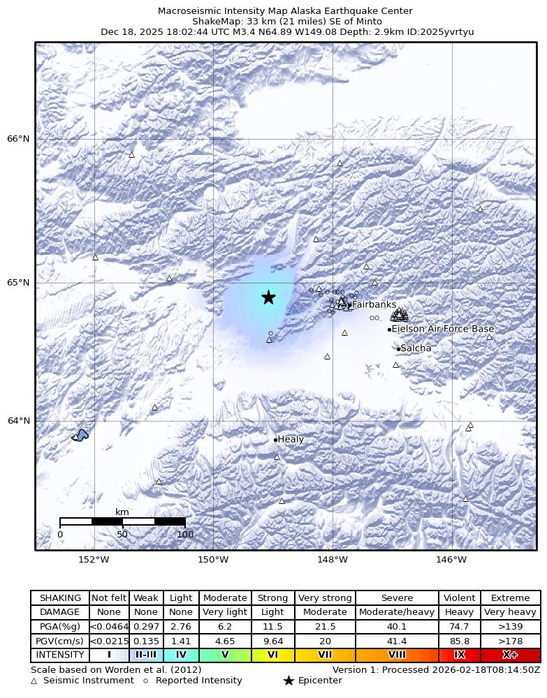 USGS ShakeMap intensity contours for the M3.4 earthquake near 31 km SSE of Minto, Alaska
