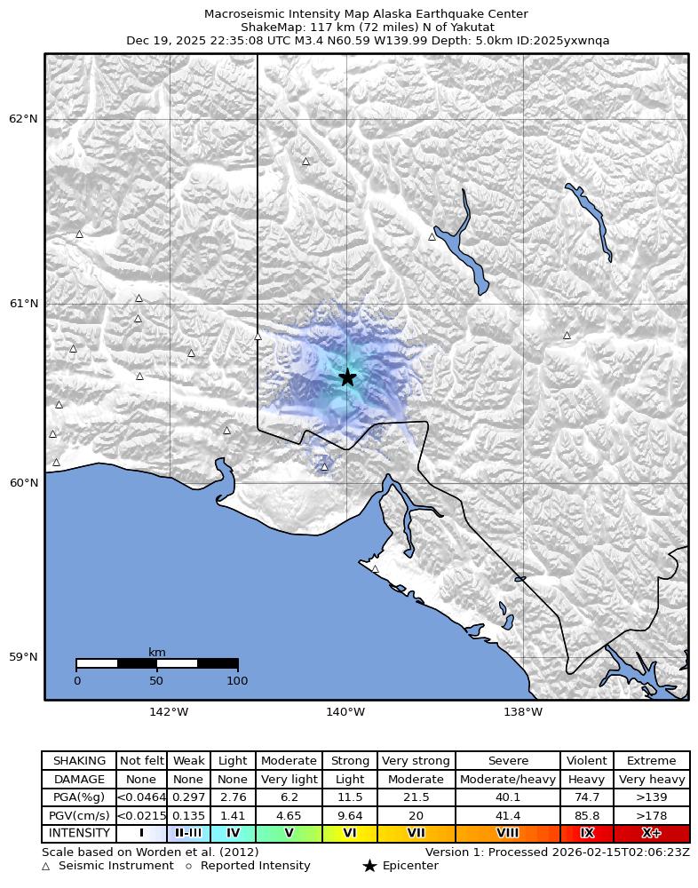 USGS ShakeMap intensity contours for the M3.2 earthquake near 110 km N of Yakutat, Alaska