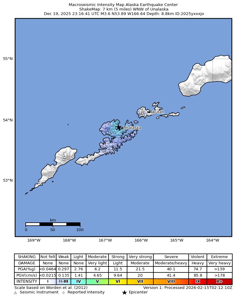 USGS ShakeMap intensity contours for the M3.7 earthquake near 4 km WNW of Dutch Harbor, Alaska