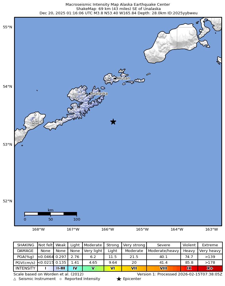 USGS ShakeMap: estimated shaking intensity around the epicenter