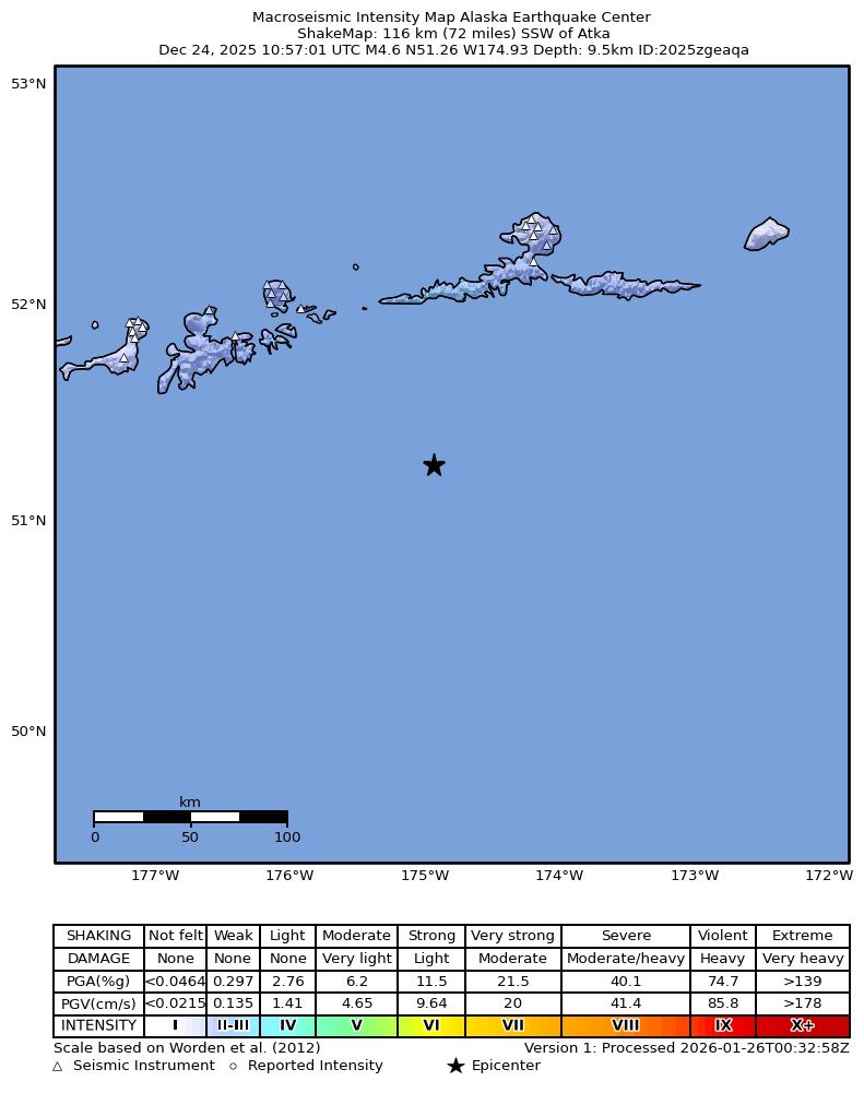 USGS ShakeMap intensity contours for the M4.8 earthquake near 118 km SSW of Atka, Alaska