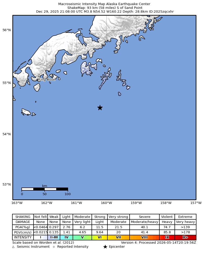 USGS ShakeMap intensity contours for the M3.5 earthquake near 87 km S of Sand Point, Alaska