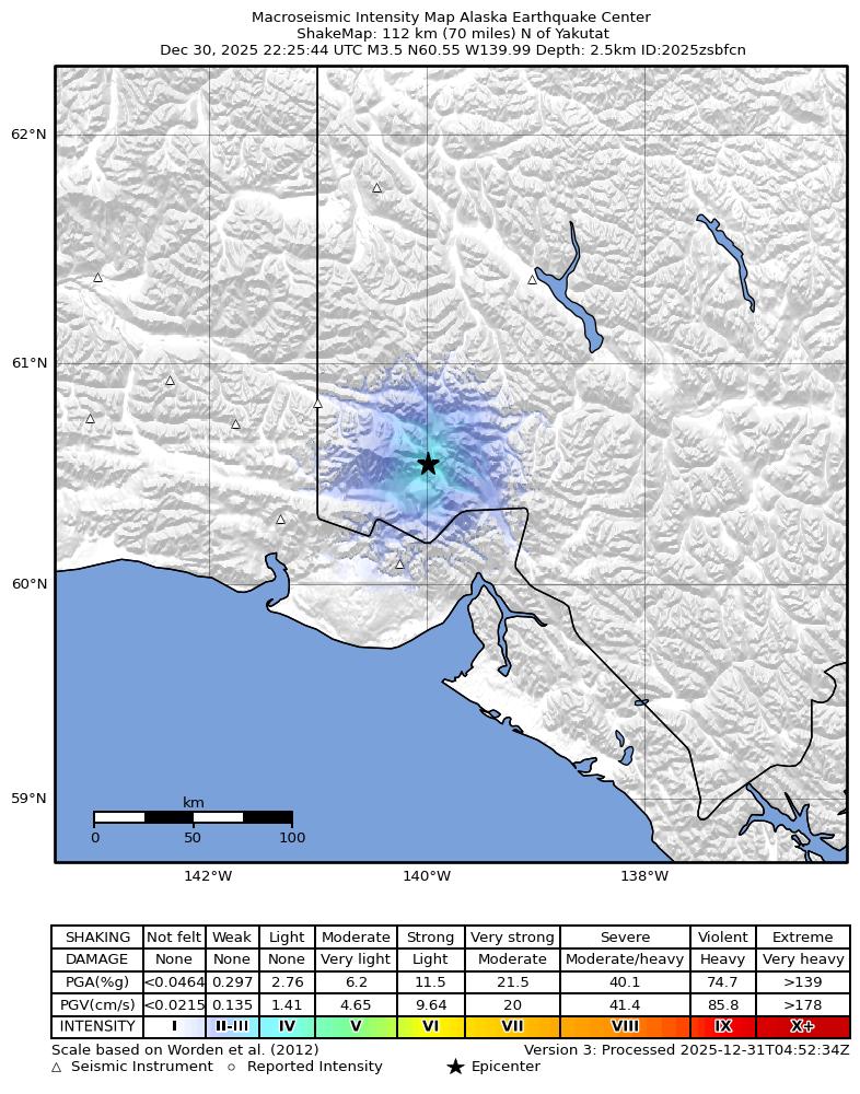 USGS ShakeMap intensity contours for the M3.3 earthquake near 113 km N of Yakutat, Alaska