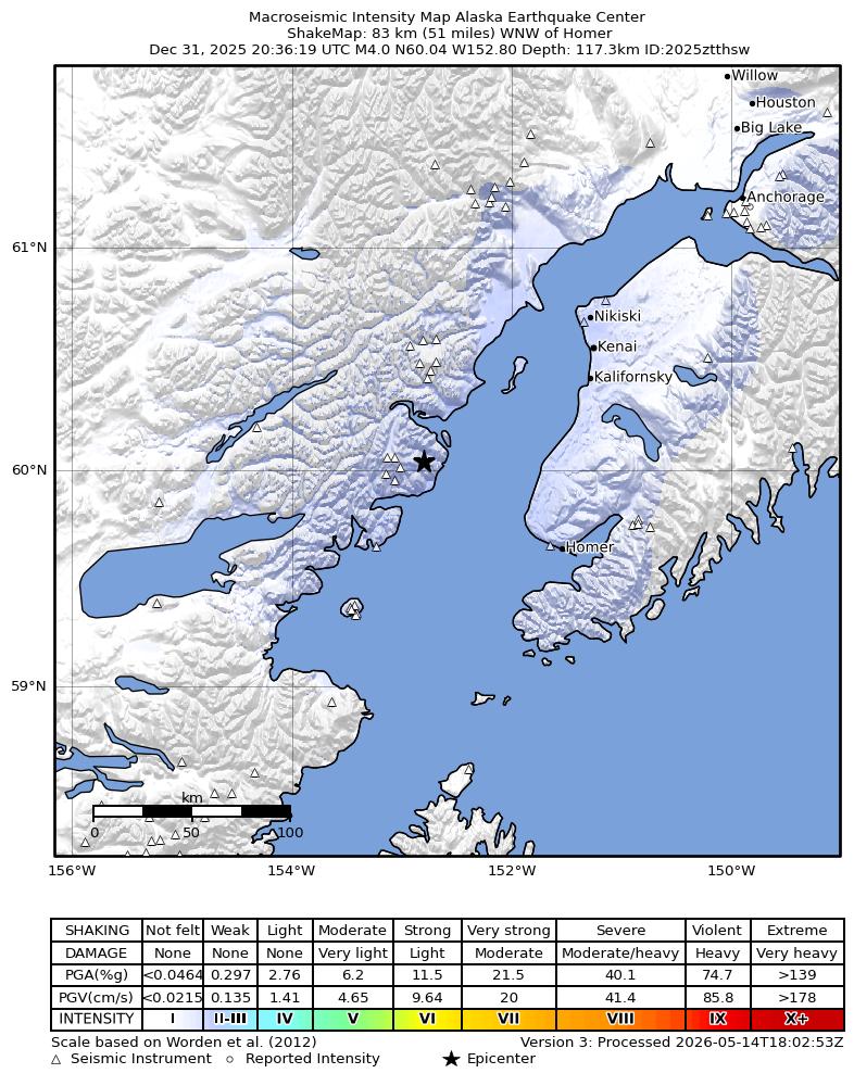 USGS ShakeMap intensity contours for the M4.0 earthquake near 60 km W of Happy Valley, Alaska