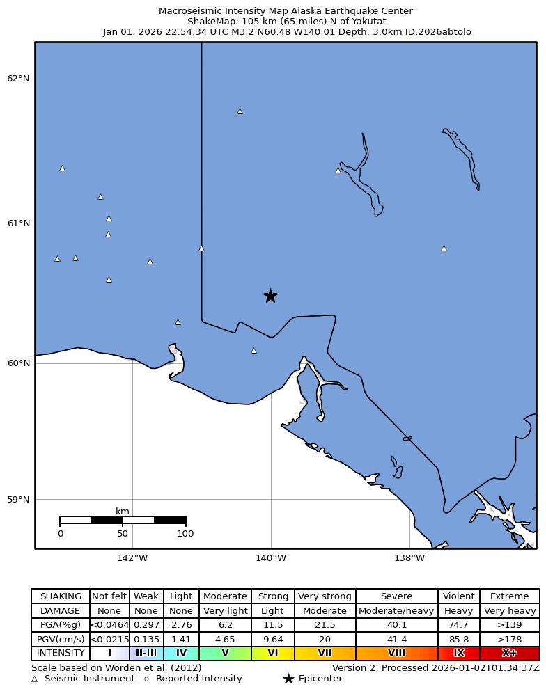 USGS ShakeMap intensity contours for the M3.2 earthquake near 113 km N of Yakutat, Alaska