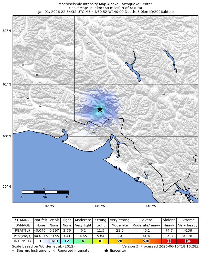 USGS ShakeMap intensity contours for the M3.2 earthquake near 113 km N of Yakutat, Alaska