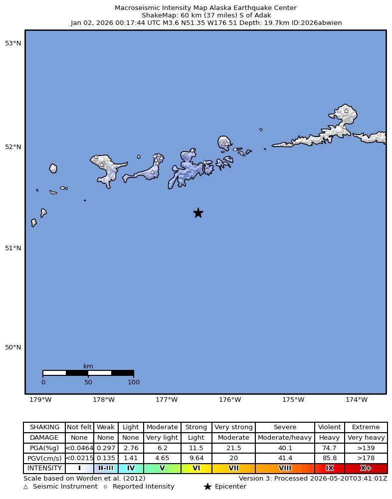 USGS ShakeMap: estimated shaking intensity around the epicenter