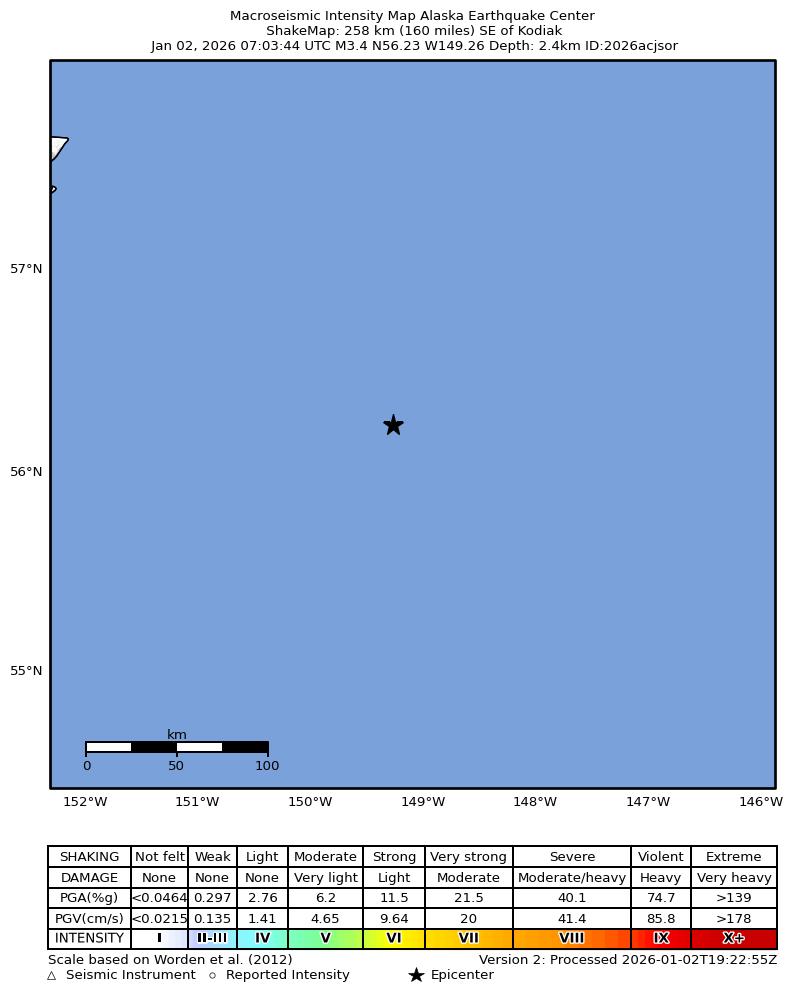 USGS ShakeMap: estimated shaking intensity around the epicenter