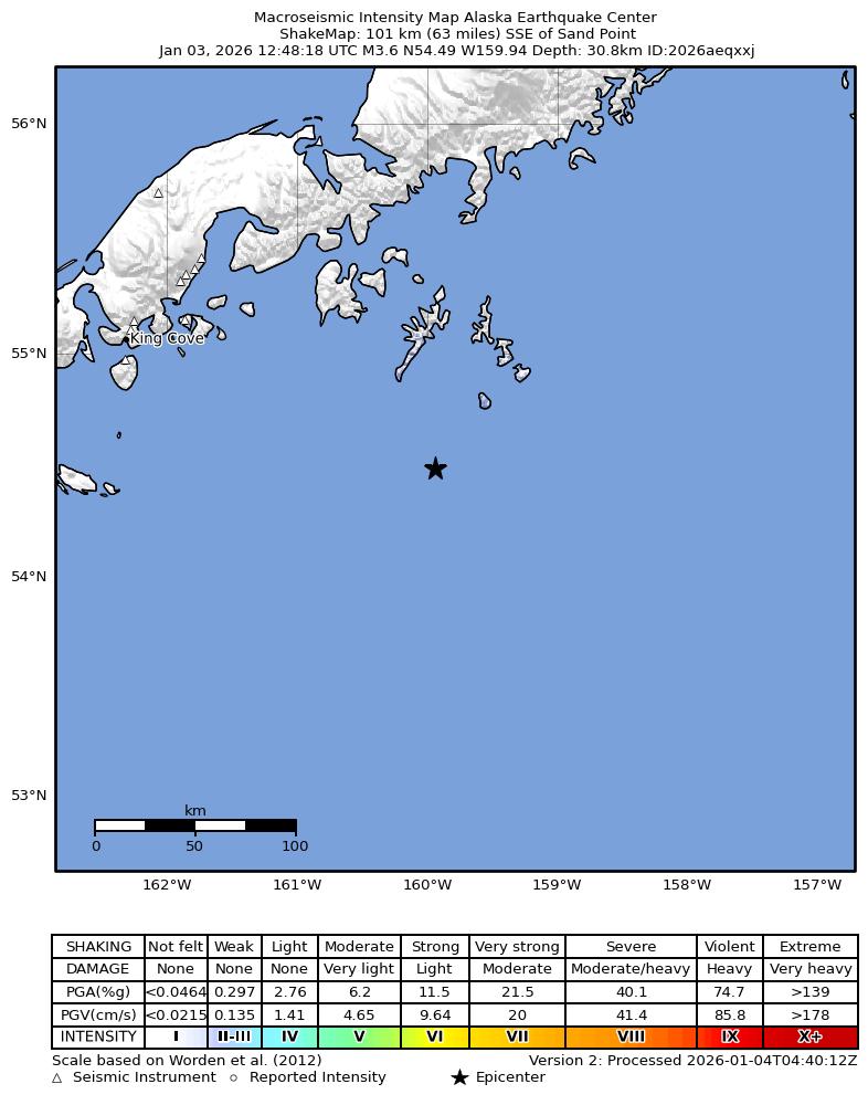 USGS ShakeMap: estimated shaking intensity around the epicenter