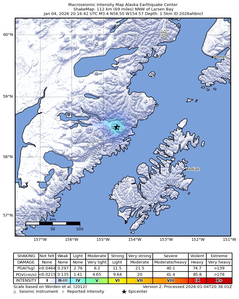 USGS ShakeMap intensity contours for the M3.4 earthquake near 103 km N of Karluk, Alaska