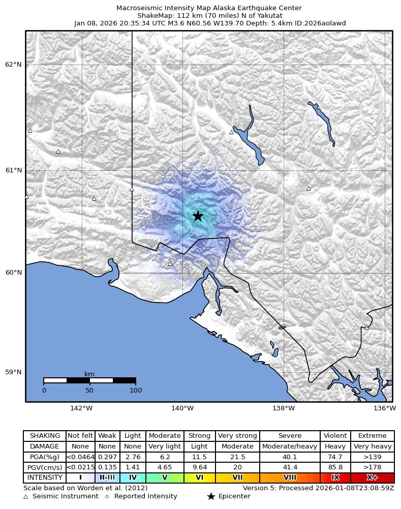 USGS ShakeMap intensity contours for the M3.4 earthquake near 113 km N of Yakutat, Alaska