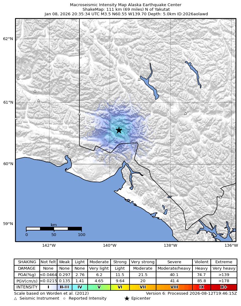 USGS ShakeMap intensity contours for the M3.4 earthquake near 113 km N of Yakutat, Alaska