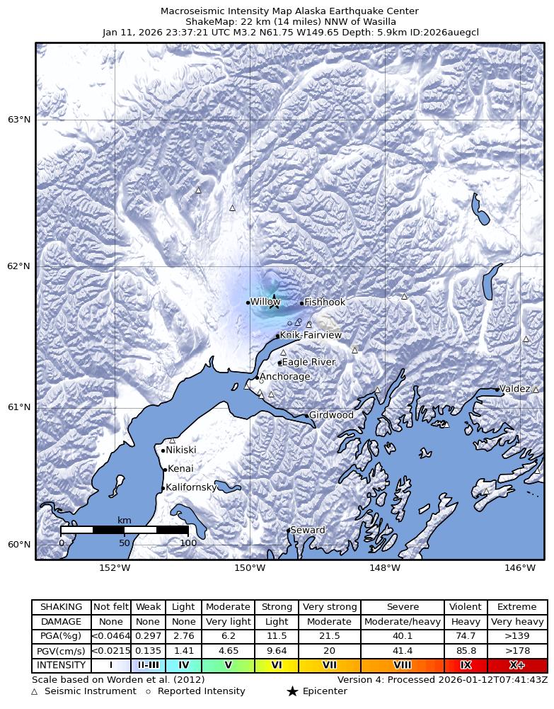 USGS ShakeMap intensity contours for the M3.2 earthquake near 14 km N of Meadow Lakes, Alaska