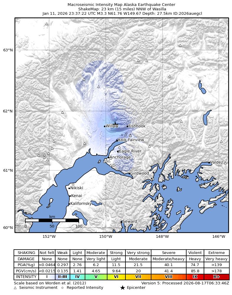 USGS ShakeMap intensity contours for the M3.3 earthquake near 15 km NNW of Meadow Lakes, Alaska