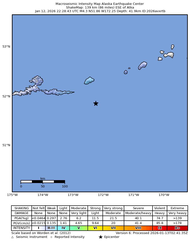 USGS ShakeMap intensity contours for the M4.2 earthquake near 133 km E of Atka, Alaska