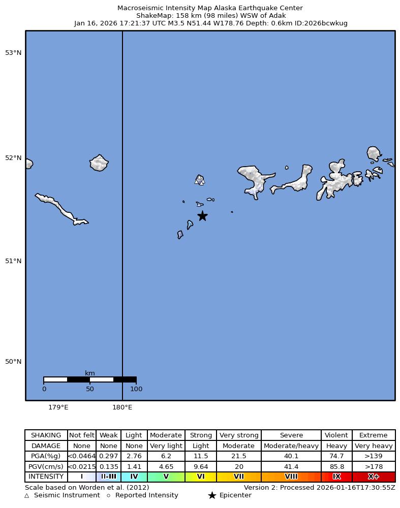 USGS ShakeMap intensity contours for the M3.5 earthquake near 157 km WSW of Adak, Alaska