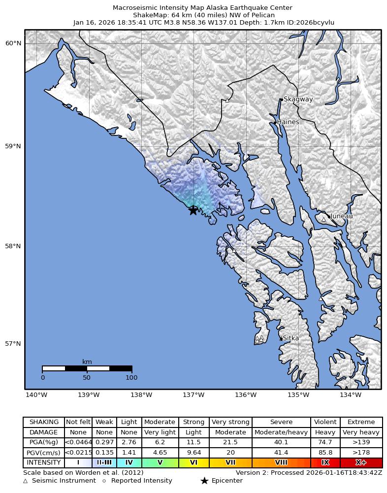 USGS ShakeMap intensity contours for the M3.8 earthquake near 43 km WNW of Elfin Cove, Alaska