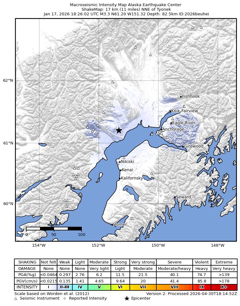 USGS ShakeMap intensity contours for the M3.5 earthquake near 13 km WNW of Beluga, Alaska