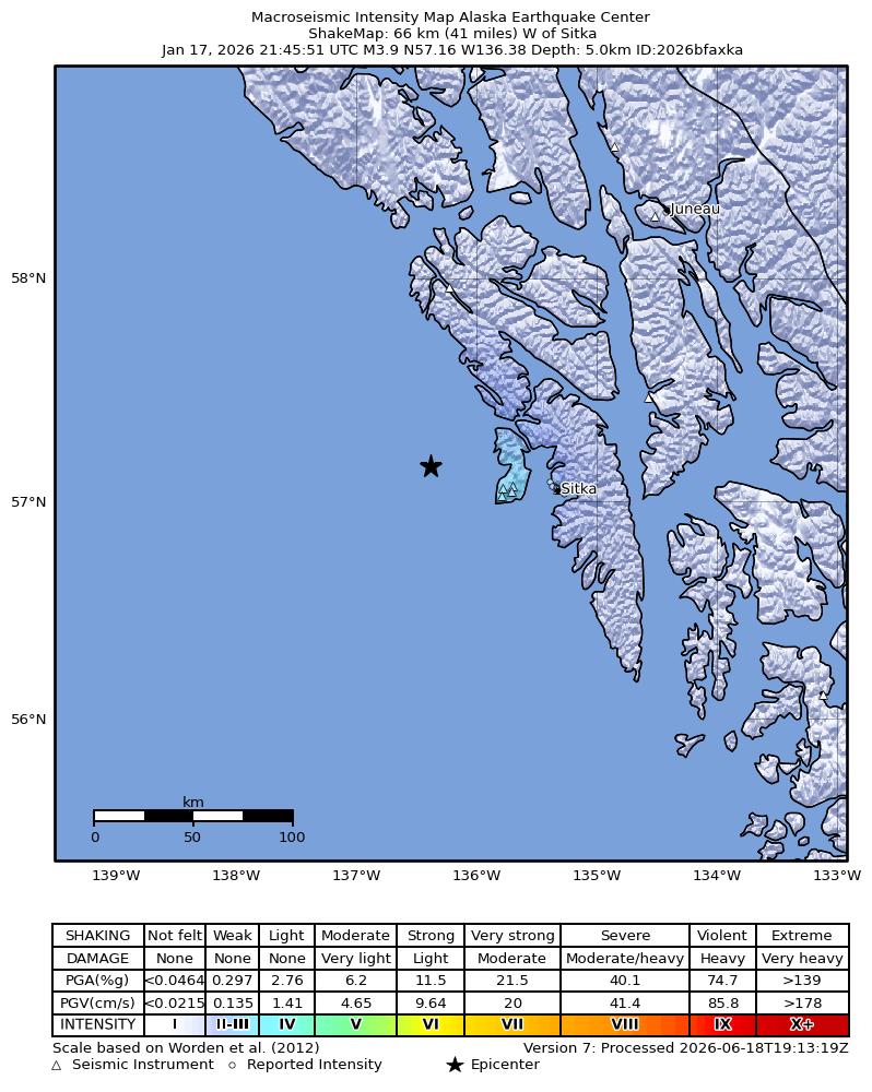 USGS ShakeMap intensity contours for the M3.9 earthquake near 64 km W of Sitka, Alaska