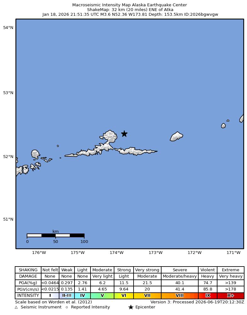 USGS ShakeMap intensity contours for the M3.8 earthquake near 31 km E of Atka, Alaska
