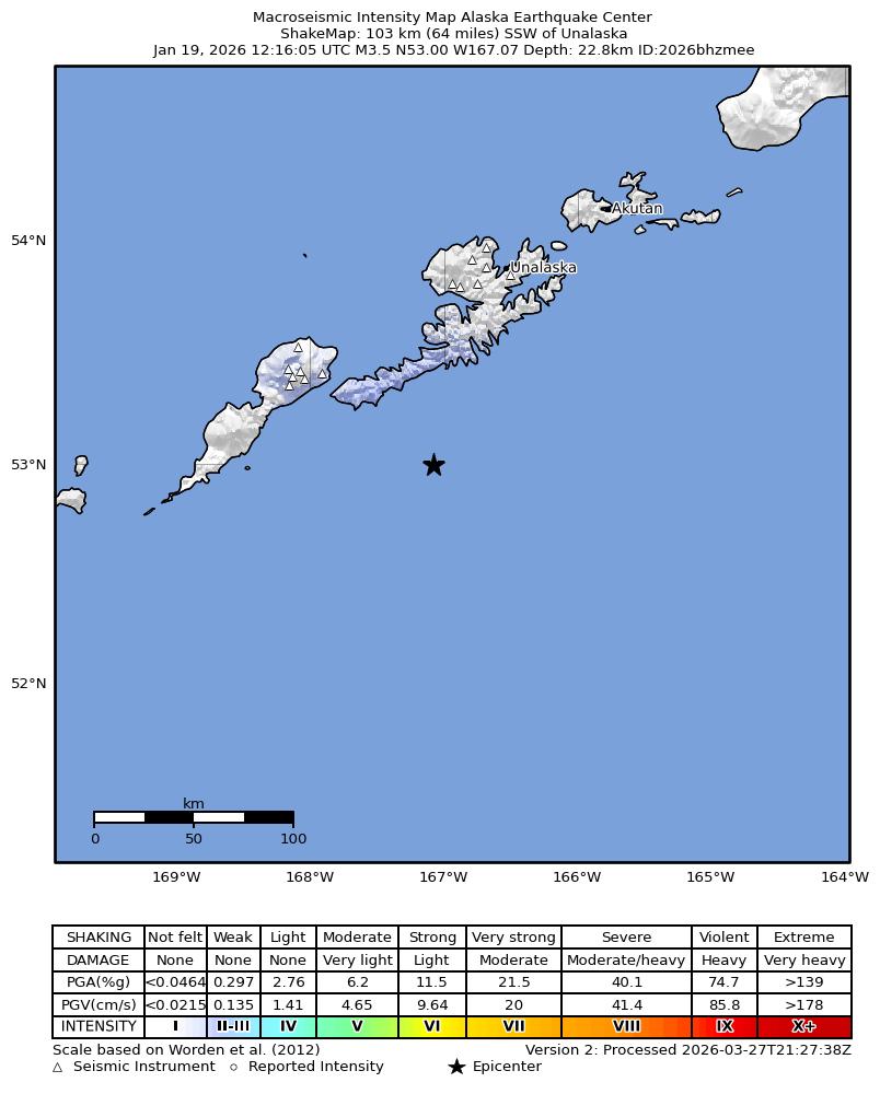 USGS ShakeMap: estimated shaking intensity around the epicenter