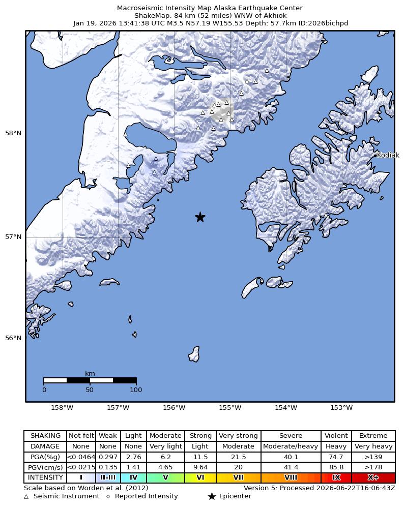 USGS ShakeMap: estimated shaking intensity around the epicenter
