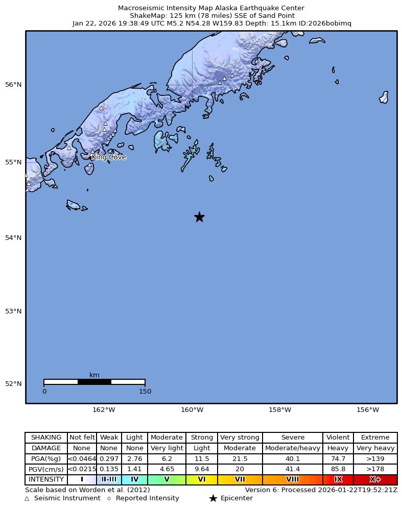USGS ShakeMap intensity contours for the M5.2 earthquake near 123 km SSE of Sand Point, Alaska