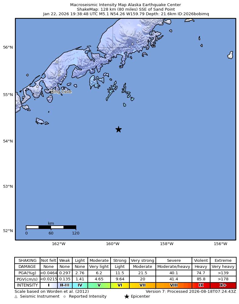 USGS ShakeMap intensity contours for the M5.2 earthquake near 123 km SSE of Sand Point, Alaska