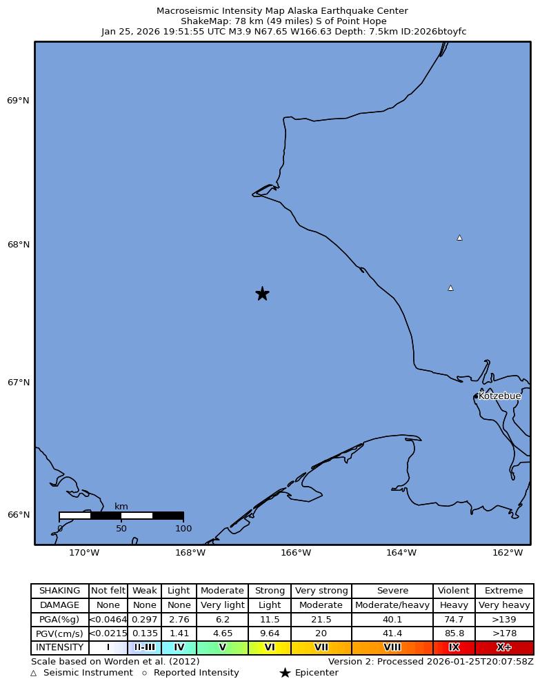 USGS ShakeMap intensity contours for the M3.8 earthquake near 77 km S of Point Hope, Alaska