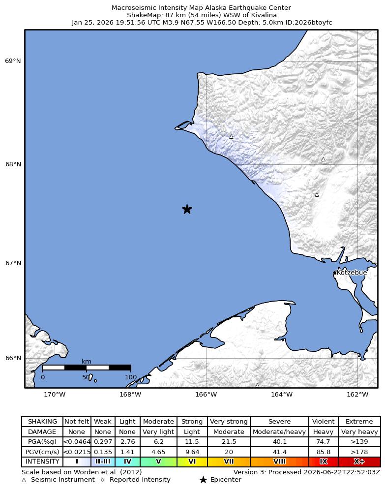 USGS ShakeMap intensity contours for the M3.9 earthquake near 85 km WSW of Kivalina, Alaska