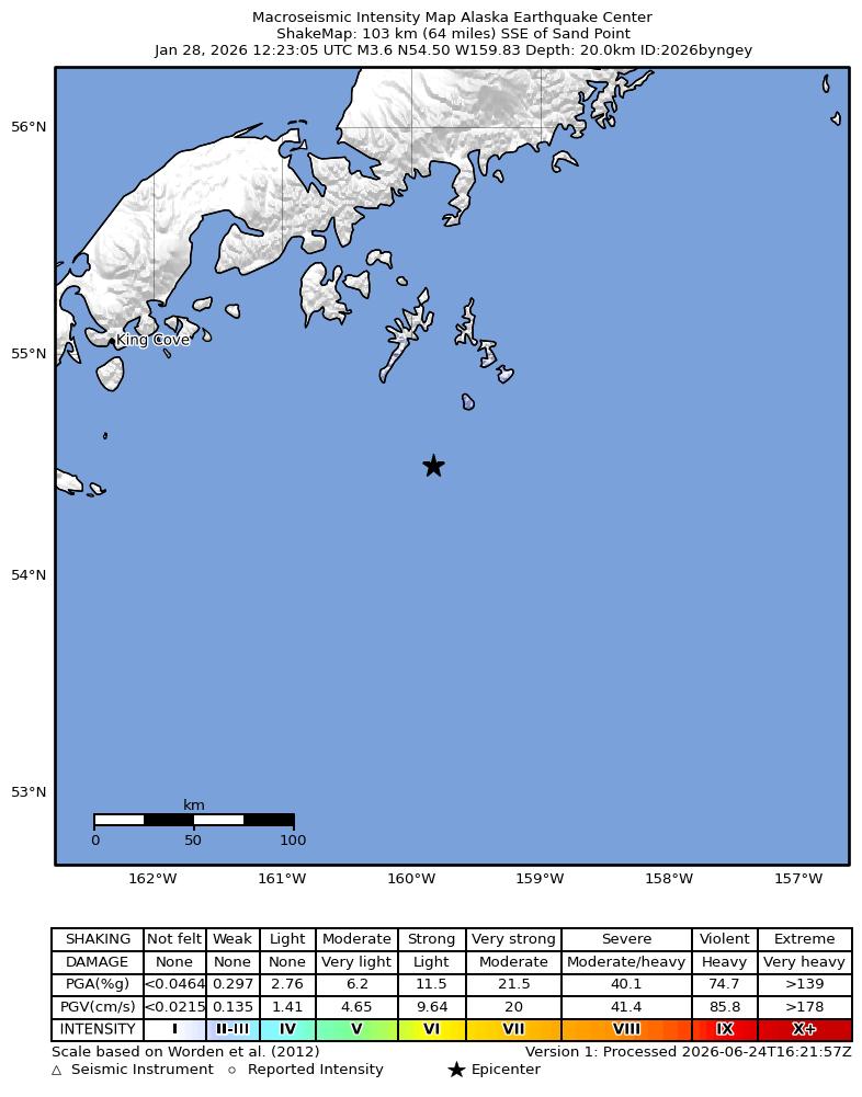 USGS ShakeMap: estimated shaking intensity around the epicenter