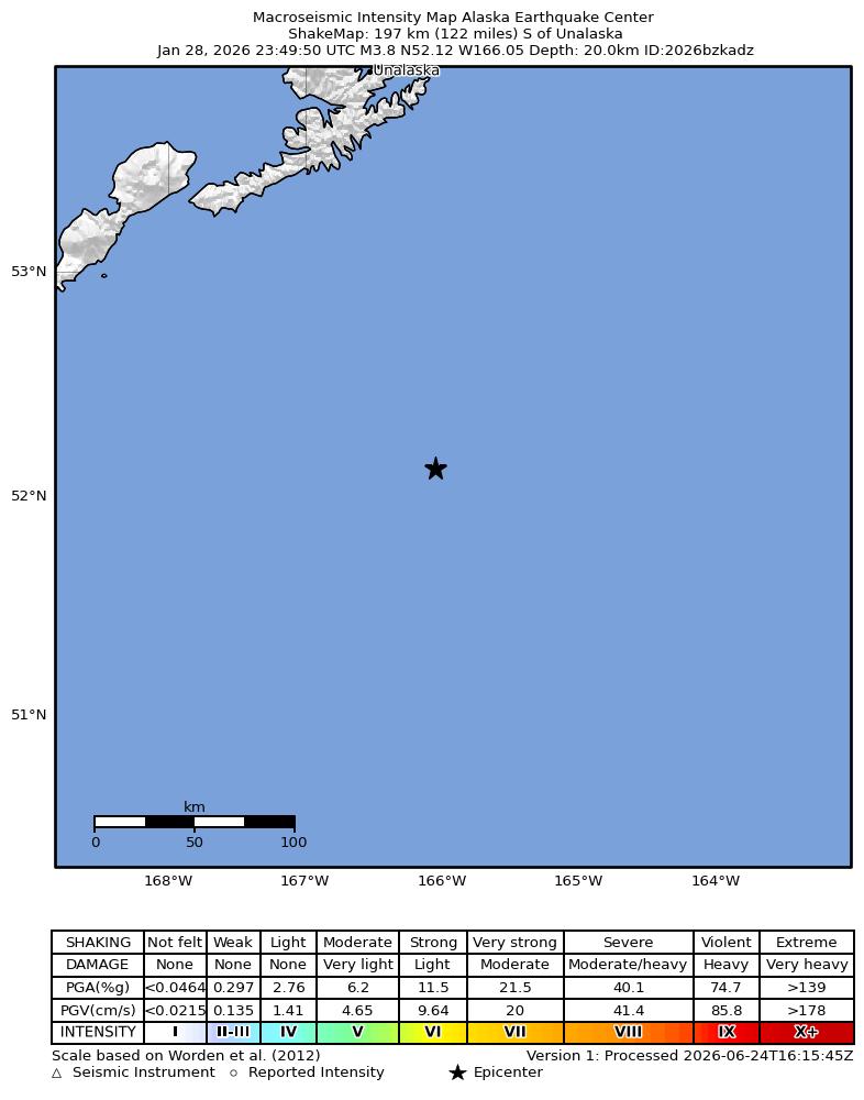 USGS ShakeMap intensity contours for the M3.4 earthquake near 195 km S of Unalaska, Alaska